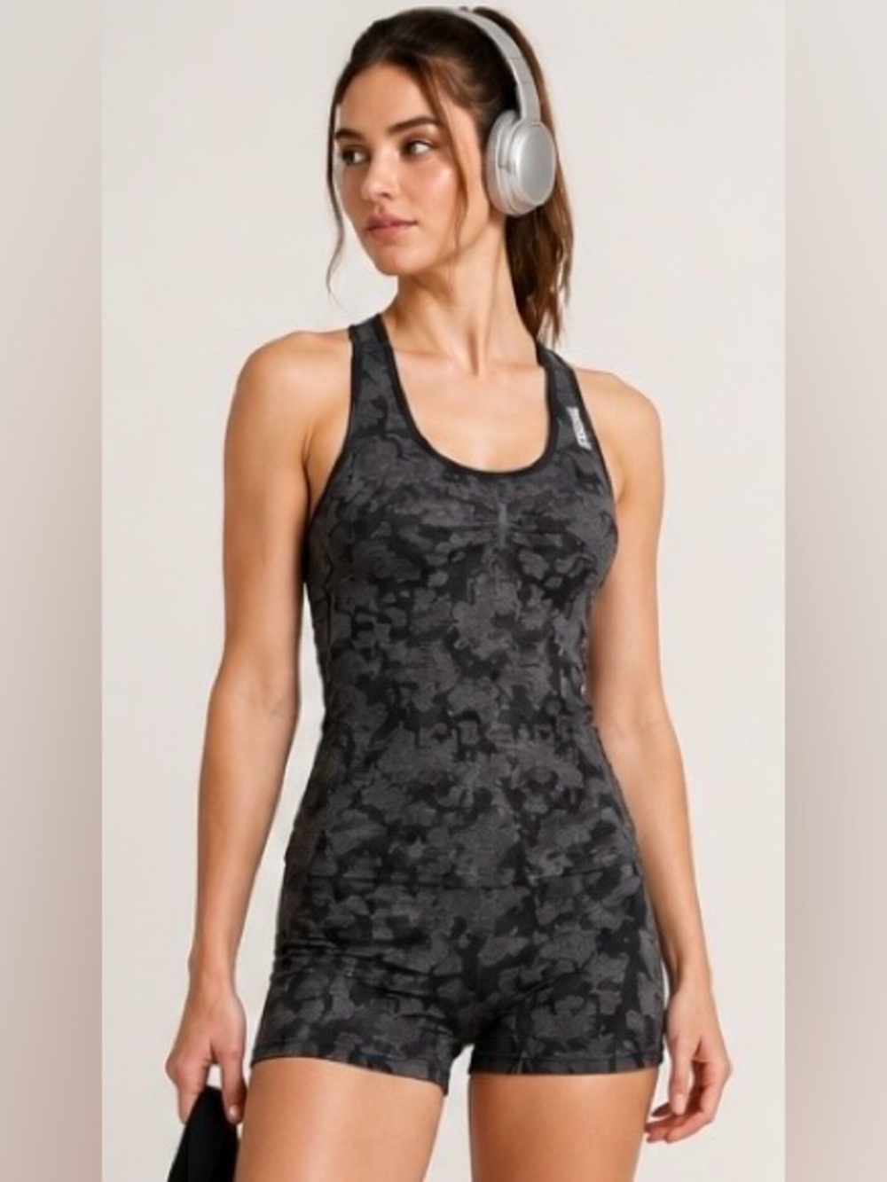 GYMSHARK Adapt Camo Seamless One-Piece Romper All In One Gray Black Unitard XS S